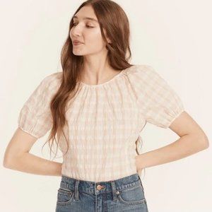 J. Crew Plaid Balloon Sleeved Top Ivory Sandy Beach Size 0